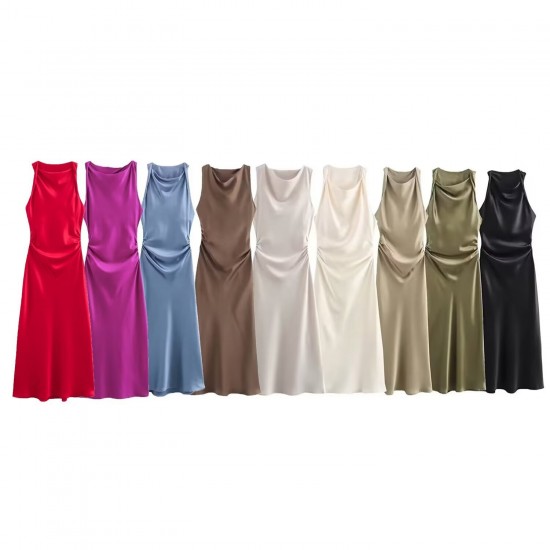 Aliexpress 2024 Spring European and American fashion MIDI dress, round-neck sleeveless black silk satin texture long dress Aliexpress 2024 Spring European and American fashion MIDI dress, round-neck sleeveless black silk satin texture long dress