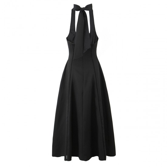 Cross-border foreign trade women's clothing 2025 summer European and American retro style waist-cinching, backless, neck-hanging mid-length dress for women Cross-border foreign trade women's clothing 2025 summer European and American retro style waist-cinching, backless, neck-hanging mid-length dress for women