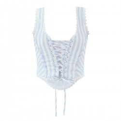 French 2025 Summer new women's collection: square-neck lace pleated back strap striped vest, short halter top