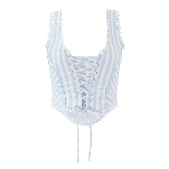 French 2025 Summer new women's collection: square-neck lace pleated back strap striped vest, short halter top French 2025 Summer new women's collection: square-neck lace pleated back strap striped vest, short halter top