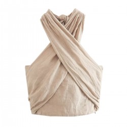 Long pants set with knot decoration, early autumn 3127 halter-neck new women's backless top, wide legs crossed, European and American casual style