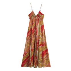 Cross-border foreign trade wholesale 2025 Summer women's clothing, European and American style pleated decorative printed MIDI halter dress for women