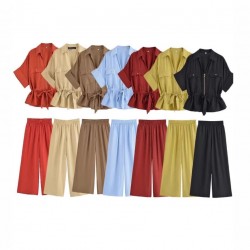 Foreign Trade 2025 Summer New Women's Clothing: European and American style hunting decorative shirt + wide-leg pants fashionable women's set