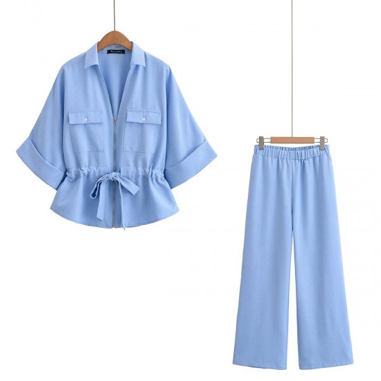 Foreign Trade 2025 Summer New Women's Clothing: European and American style hunting decorative shirt + wide-leg pants fashionable women's set Foreign Trade 2025 Summer New Women's Clothing: European and American style hunting decorative shirt + wide-leg pants fashionable women's set