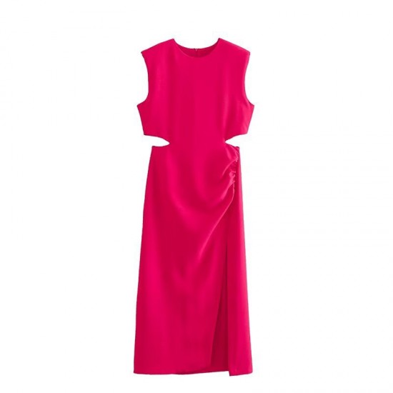 This is a new summer women's dress with a European and American style, featuring a round neck, solid color, and a hollowed-out pleated slit at the waist This is a new summer women's dress with a European and American style, featuring a round neck, solid color, and a hollowed-out pleated slit at the waist