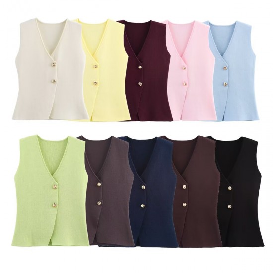 Wholesale of knitted waistcoats and vests for foreign trade, fashionable and casual, new 2024 collection of button gold European and American style women's clothing Wholesale of knitted waistcoats and vests for foreign trade, fashionable and casual, new 2024 collection of button gold European and American style women's clothing