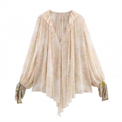 Spring 2025 new women's clothing cross-border European and American style fashionable and simple floral printed V-neck shirt for foreign trade wholesale