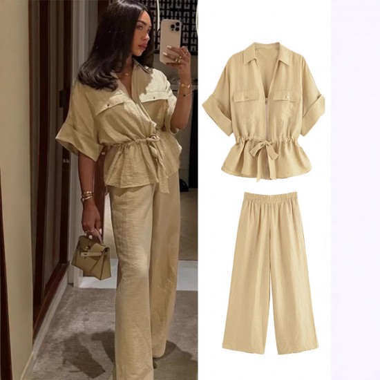 Foreign Trade 2025 Summer New Women's Clothing: European and American style hunting decorative shirt + wide-leg pants fashionable women's set Foreign Trade 2025 Summer New Women's Clothing: European and American style hunting decorative shirt + wide-leg pants fashionable women's set