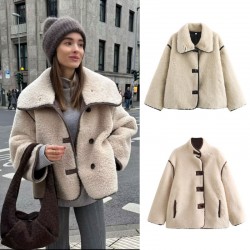2024 Cross-border women's clothing wholesale with European and American style, fashionable and versatile French casual fleece stand-up collar loose lambskin coat
