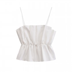A sweet, casual and versatile white puffy stretch top with a straight neck and thin halter top for summer 2025 women's collection