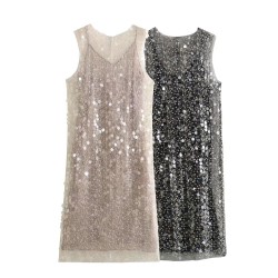 Sleeveless European and American style round neck 6610 sequined vest dress for women's winter new style women's clothing