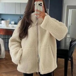 2024 Cross-border autumn/Winter women's clothing: European and American style, fashionable, loose and warm, color-blocking double-zipper faux lambskin coat
