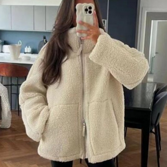 2024 Cross-border autumn/Winter women's clothing: European and American style, fashionable, loose and warm, color-blocking double-zipper faux lambskin coat